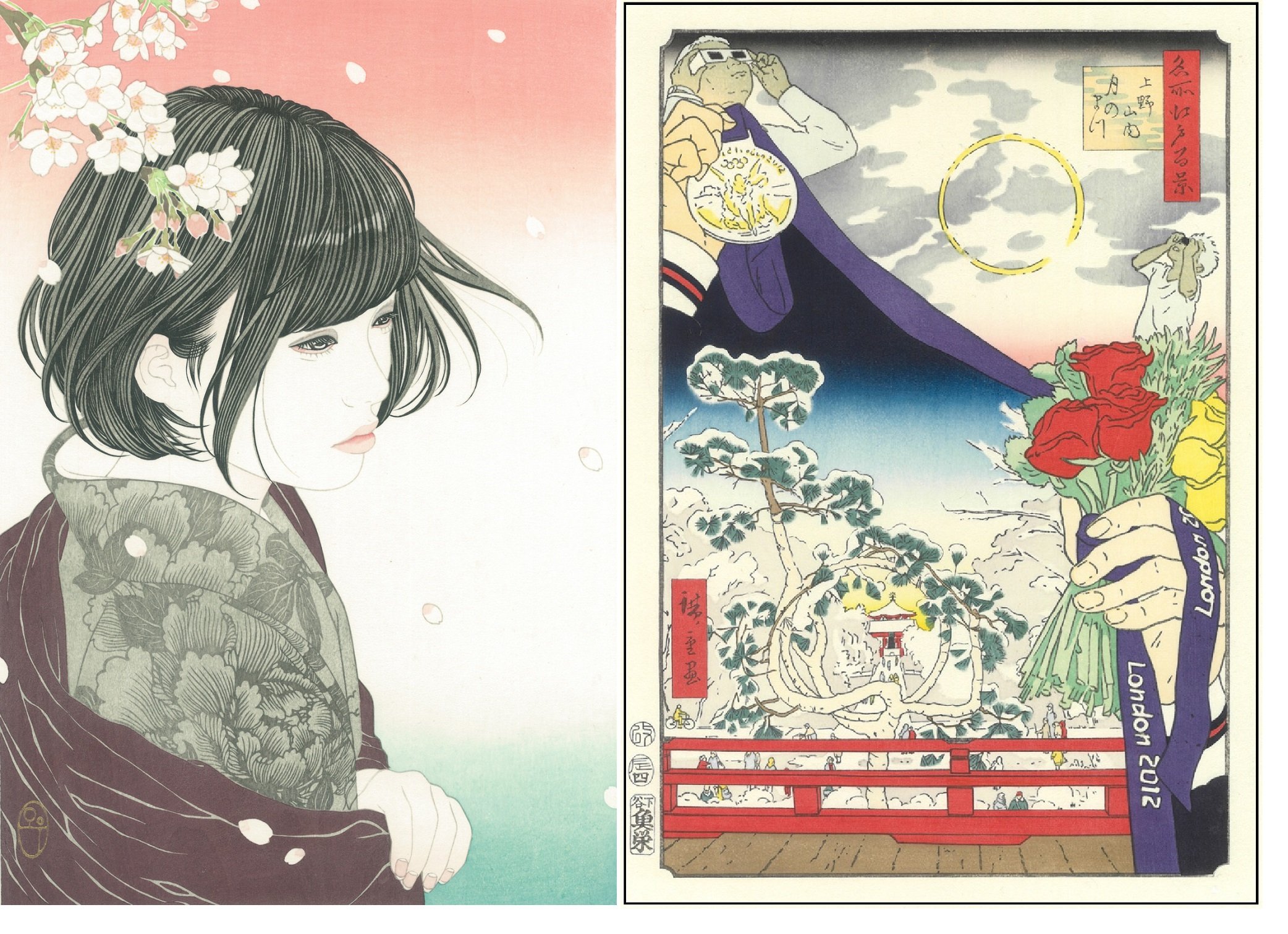 以上兩件作品，是由「アダチ版畫研究所」(Adachi Hanga)主辦的公開徵選活動，得到「足立UKIYOE大賞」的得獎作品。【左】宮﨑優《花ざかり》2018年 ©Yu-Miyazaki【右】福田美蘭《2012年の雪月花》2012年（圖片來源：東京國立博物館）