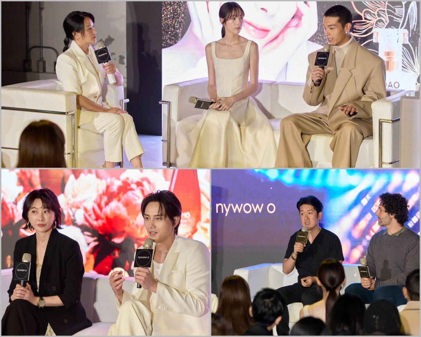 ▲「牡丹花后油」全球發表會現場，品牌 nywow o 邀請金鐘新人林奕嵐與多位專家登台對談，分享科技與植物交織的美學哲學。沉浸式光影與花卉意象交融，展現品牌獨到的感官敘事。( 圖 / nywow o提供 )