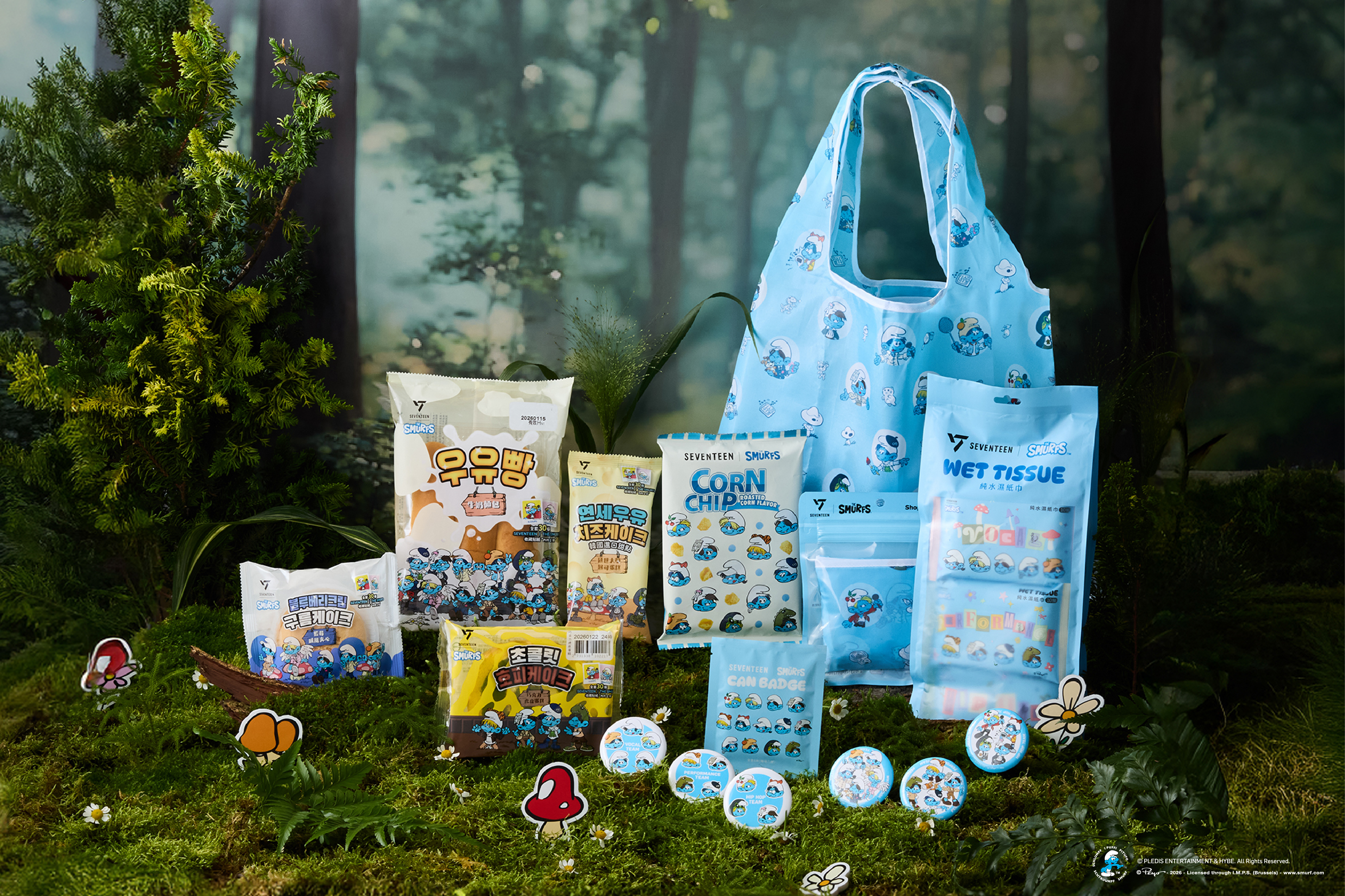 韓國大勢男團 SEVENTEEN 變身經典卡通人物藍色小精靈，八款甜點、麵包、零食商品一次收藏，全台 7-ELEVEN 獨家登場！（圖片來源：SUNFRIEND MOUTH提供）