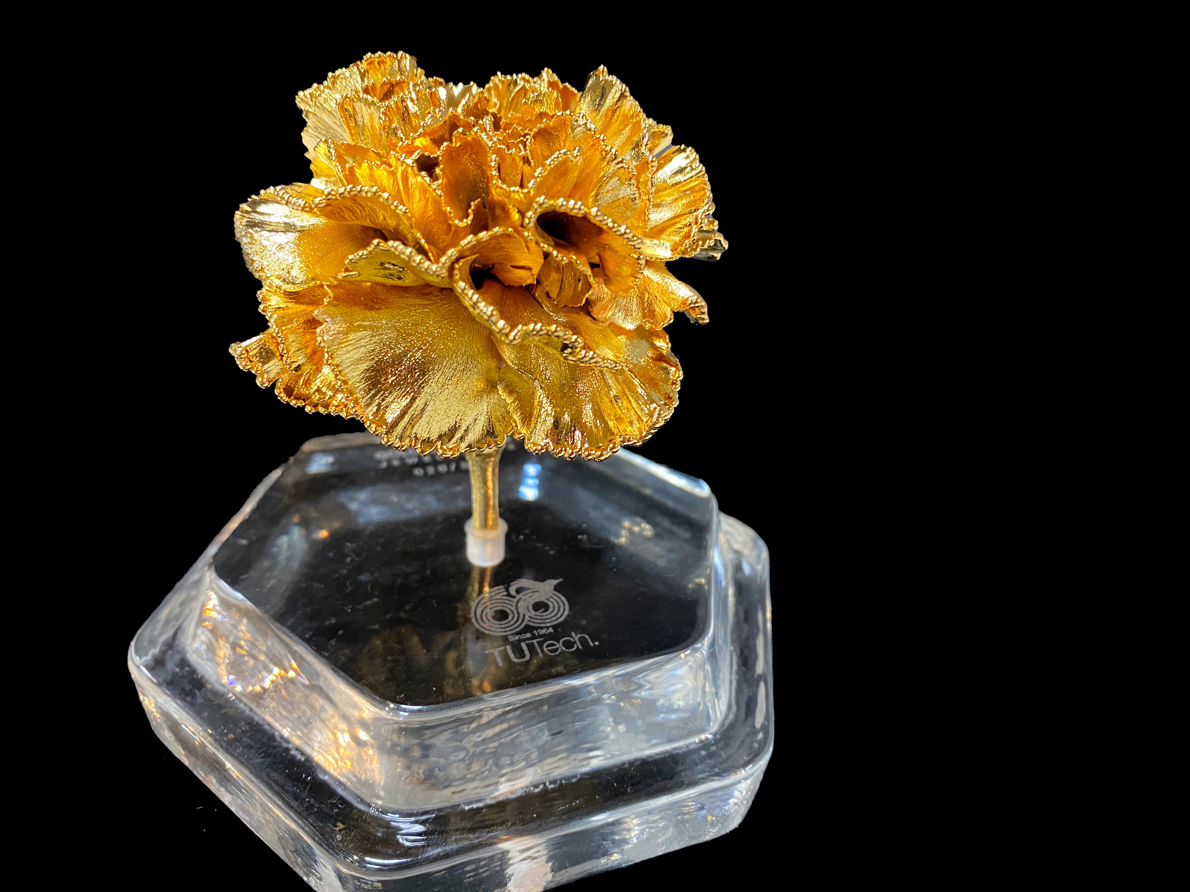 南應大特別設計「永生康乃馨」獎座，以精湛的24K金工藝將校花康乃馨打造成藝術珍品，意義非凡。